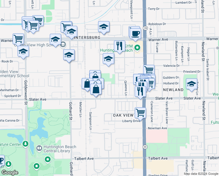 map of restaurants, bars, coffee shops, grocery stores, and more near 17422 Dairyview Circle in Huntington Beach