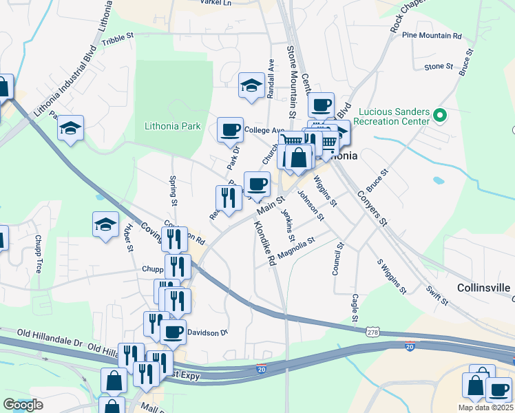map of restaurants, bars, coffee shops, grocery stores, and more near 6860 Main Street in Lithonia