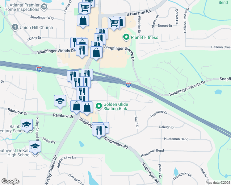 map of restaurants, bars, coffee shops, grocery stores, and more near 2636 Pleasant Wood Drive in Decatur