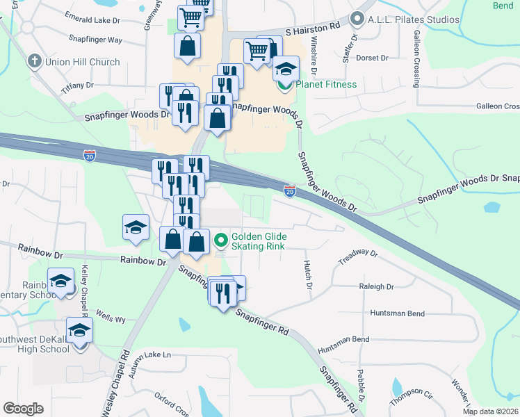 map of restaurants, bars, coffee shops, grocery stores, and more near 2636 Pleasant Wood Drive in Decatur