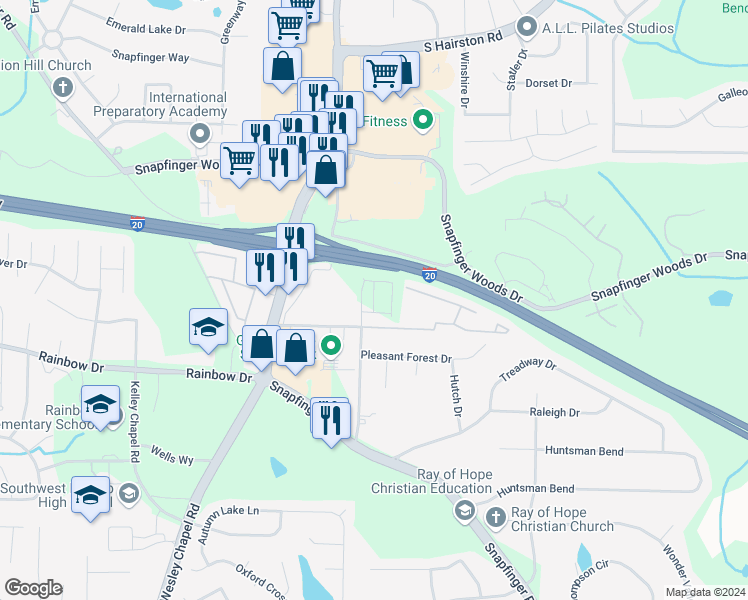 map of restaurants, bars, coffee shops, grocery stores, and more near 2629 Pleasant Wood Drive in Decatur