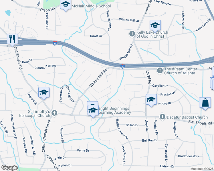 map of restaurants, bars, coffee shops, grocery stores, and more near 2438 Whites Ridge in Decatur