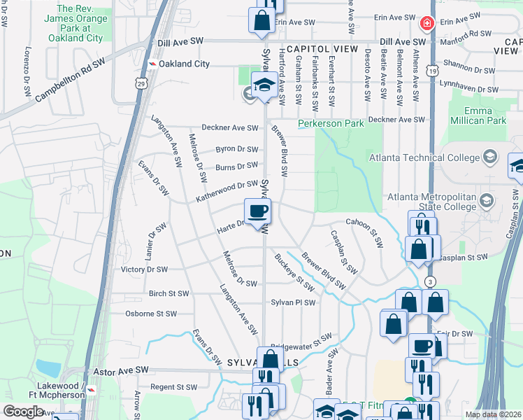 map of restaurants, bars, coffee shops, grocery stores, and more near 1663 Sylvan Road Southwest in Atlanta