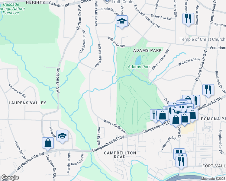 map of restaurants, bars, coffee shops, grocery stores, and more near 1668 Laurelwood Drive Southwest in Atlanta
