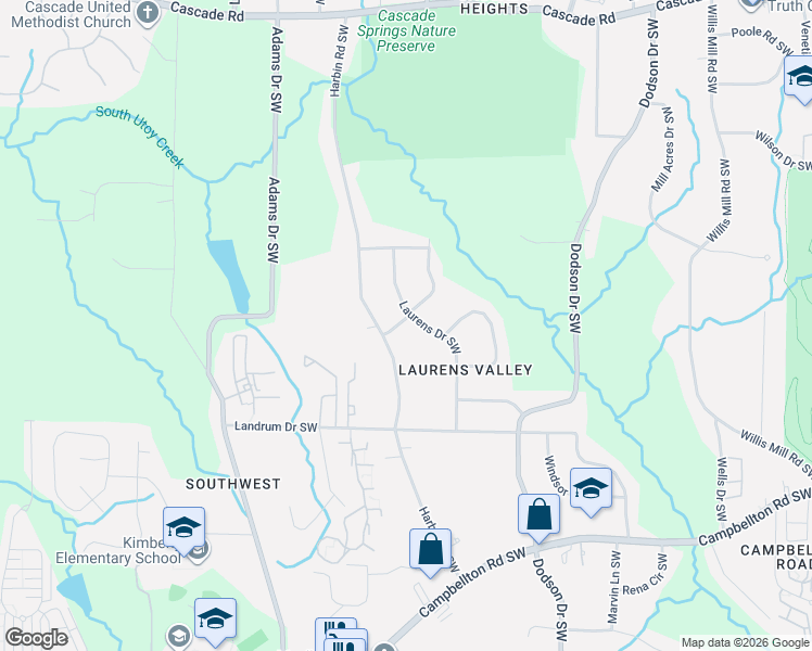 map of restaurants, bars, coffee shops, grocery stores, and more near 1690 Harbin Road Southwest in Atlanta