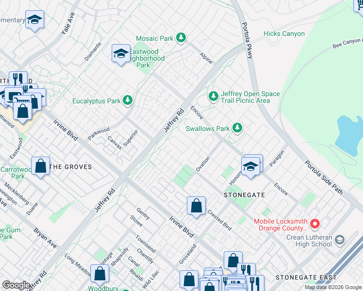 map of restaurants, bars, coffee shops, grocery stores, and more near 64 Elmdale in Irvine