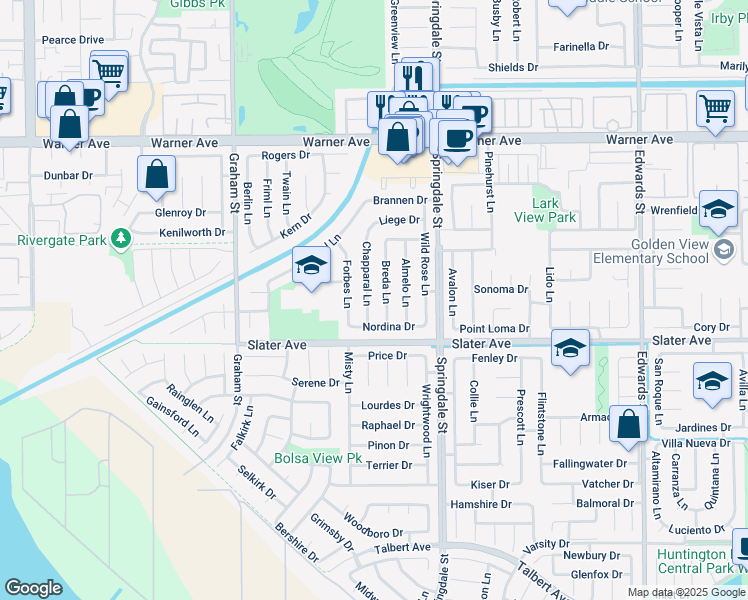 map of restaurants, bars, coffee shops, grocery stores, and more near 17402 Breda Lane in Huntington Beach