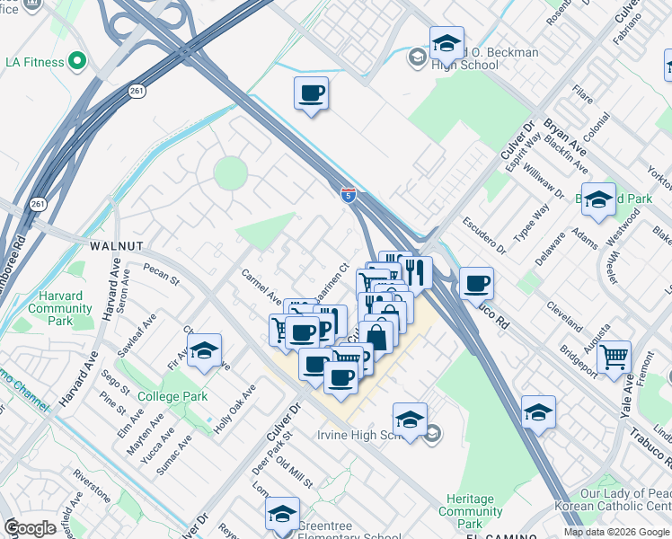 map of restaurants, bars, coffee shops, grocery stores, and more near 14181 Saarinen Court in Irvine