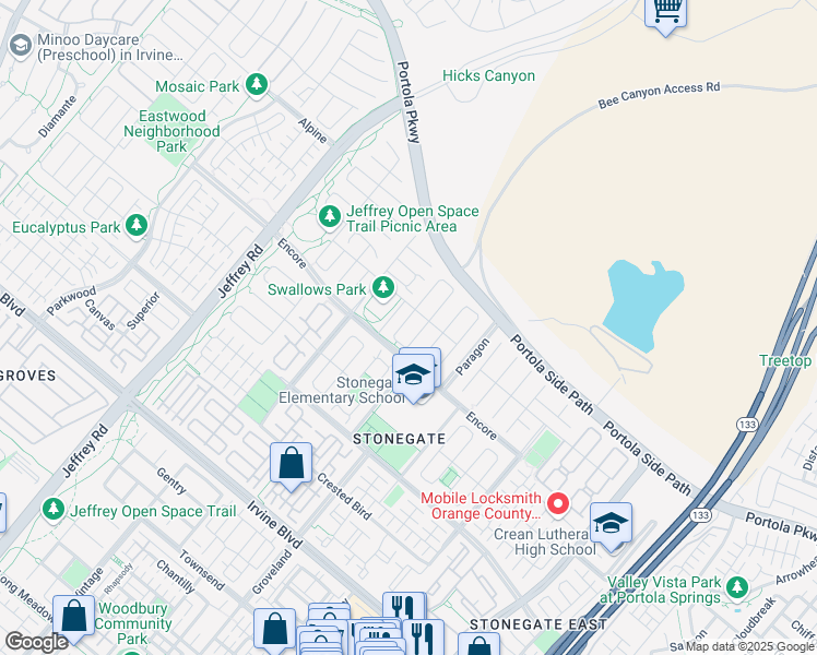 map of restaurants, bars, coffee shops, grocery stores, and more near 62 Rossmore in Irvine