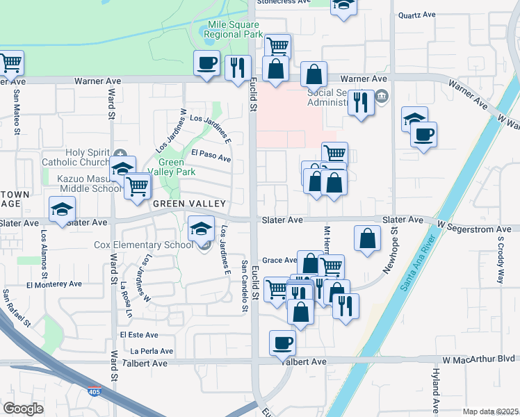 map of restaurants, bars, coffee shops, grocery stores, and more near 17460 Euclid Street in Fountain Valley