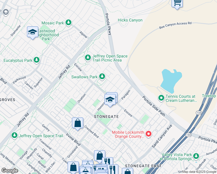 map of restaurants, bars, coffee shops, grocery stores, and more near 62 Rossmore in Irvine