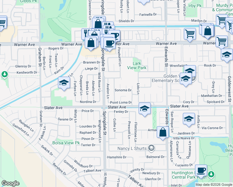 map of restaurants, bars, coffee shops, grocery stores, and more near 6131 Napa Circle in Huntington Beach