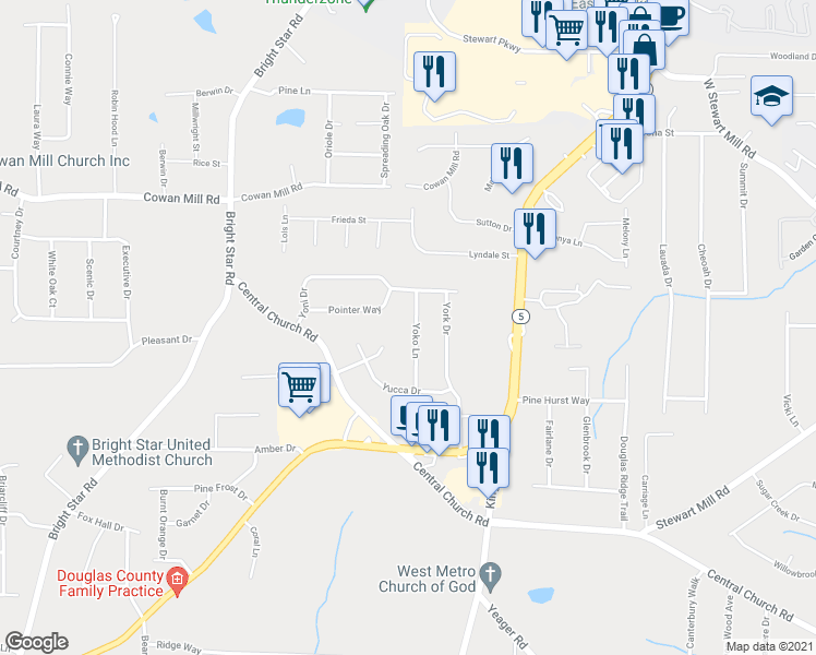 map of restaurants, bars, coffee shops, grocery stores, and more near 3543 Yoko Lane in Douglasville