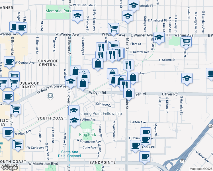 map of restaurants, bars, coffee shops, grocery stores, and more near 2730 South Main Street in Santa Ana