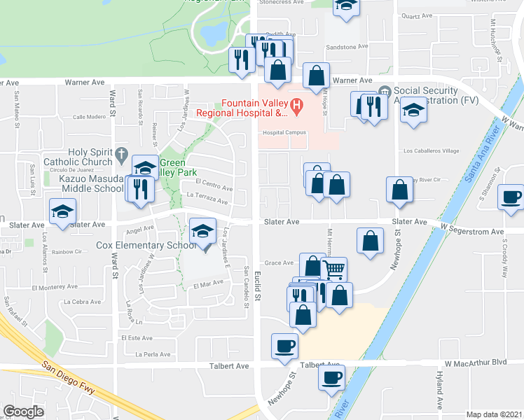 map of restaurants, bars, coffee shops, grocery stores, and more near 17460 Euclid Street in Fountain Valley