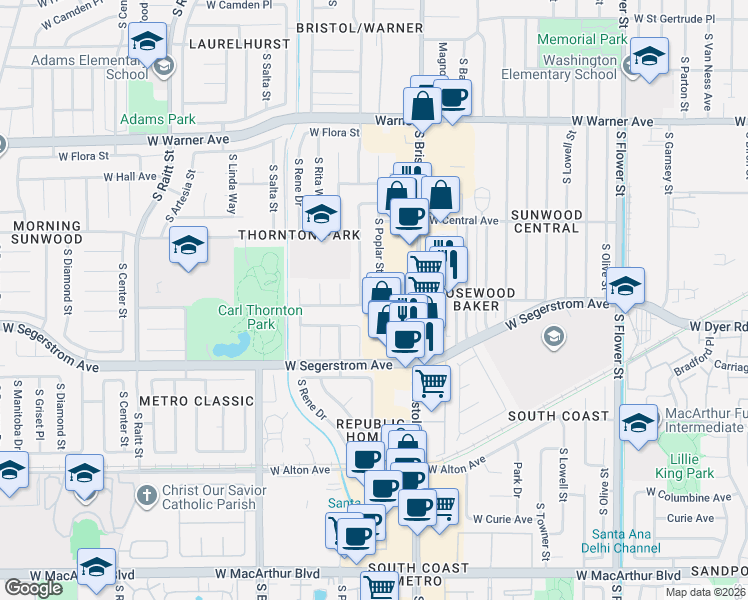 map of restaurants, bars, coffee shops, grocery stores, and more near 2730 South Poplar Street in Santa Ana