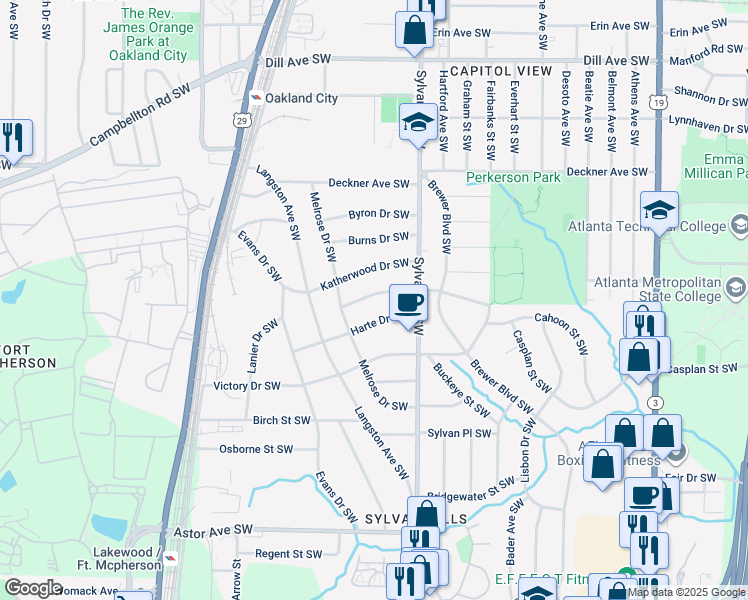 map of restaurants, bars, coffee shops, grocery stores, and more near 976 Woodbourne Drive Southwest in Atlanta