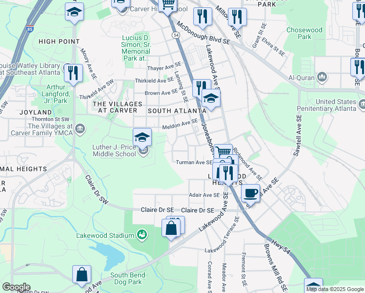 map of restaurants, bars, coffee shops, grocery stores, and more near 53 Bowen Avenue Southeast in Atlanta