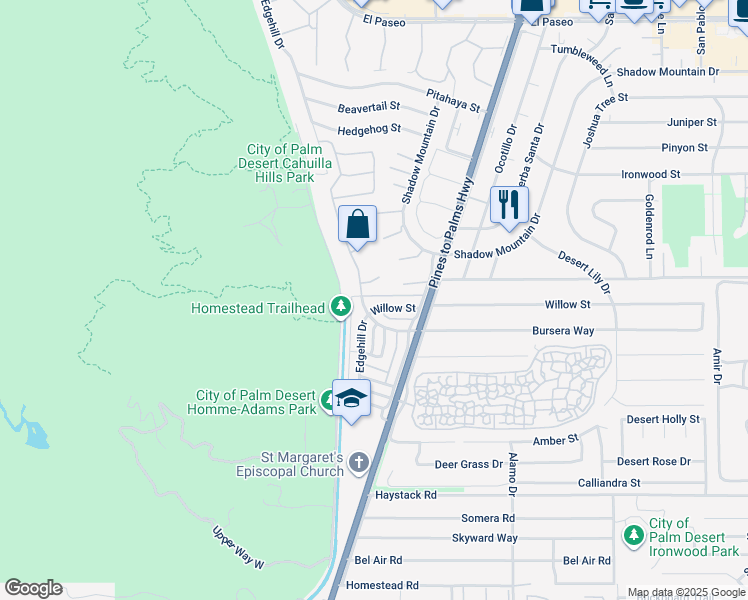 map of restaurants, bars, coffee shops, grocery stores, and more near 72664 Willow Street in Palm Desert