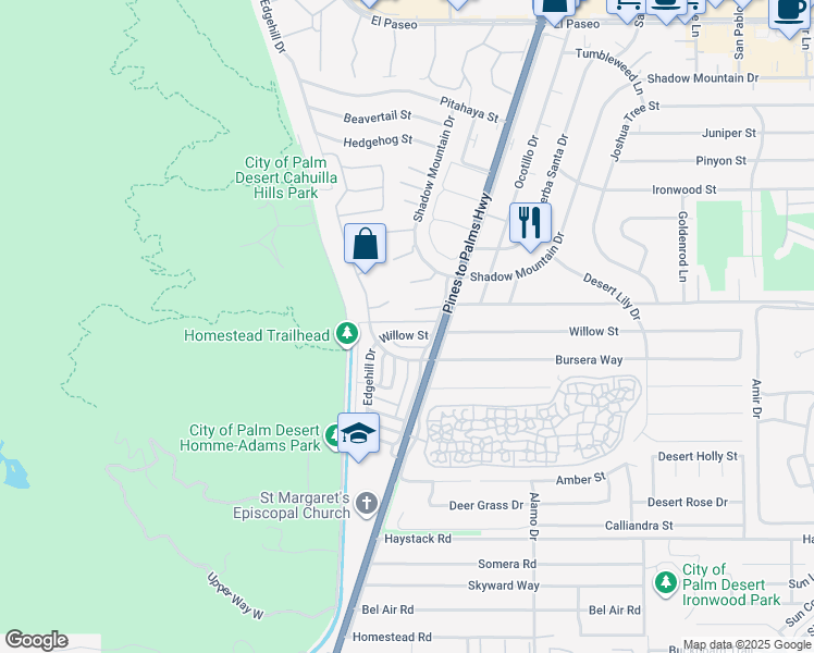 map of restaurants, bars, coffee shops, grocery stores, and more near 72763 Willow Street in Palm Desert