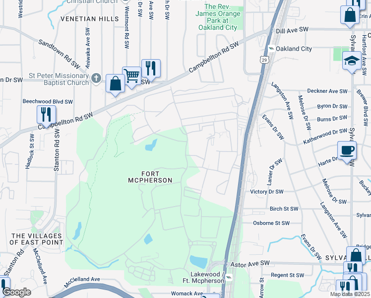 map of restaurants, bars, coffee shops, grocery stores, and more near 1515 Walker Avenue Southwest in Atlanta
