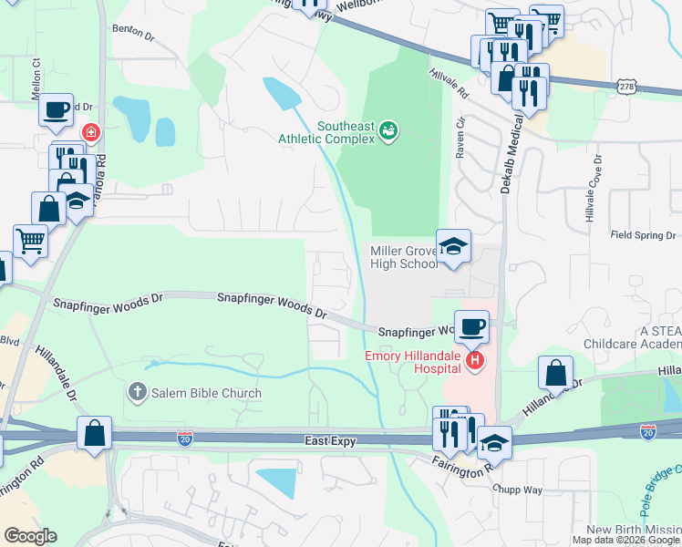 map of restaurants, bars, coffee shops, grocery stores, and more near 5795 Keystone Grove in Lithonia