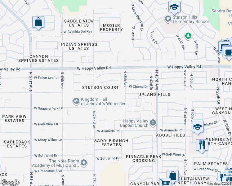 map of restaurants, bars, coffee shops, grocery stores, and more near 24623 North 46th Avenue in Glendale
