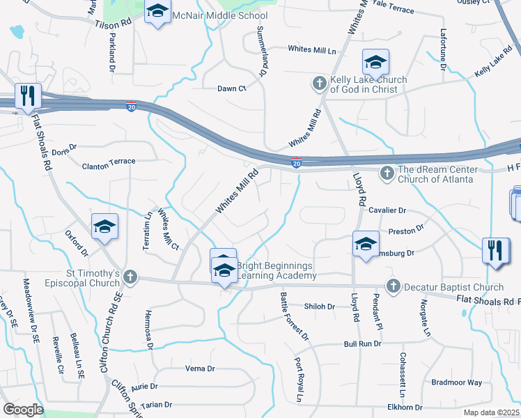 map of restaurants, bars, coffee shops, grocery stores, and more near 2438 Whites Ridge in Decatur