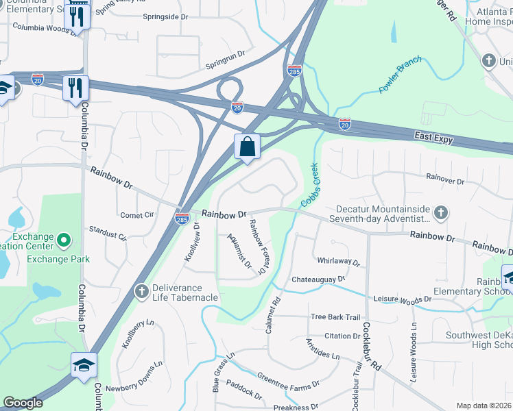 map of restaurants, bars, coffee shops, grocery stores, and more near 3660 Rainbow Drive in Decatur