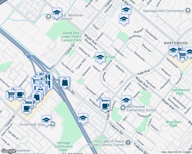 map of restaurants, bars, coffee shops, grocery stores, and more near 15 Shelby in Irvine