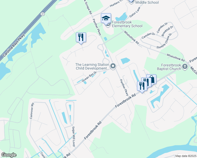 map of restaurants, bars, coffee shops, grocery stores, and more near 121 Black Bear Road in Myrtle Beach