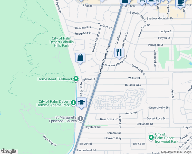 map of restaurants, bars, coffee shops, grocery stores, and more near 72770 Willow Street in Palm Desert