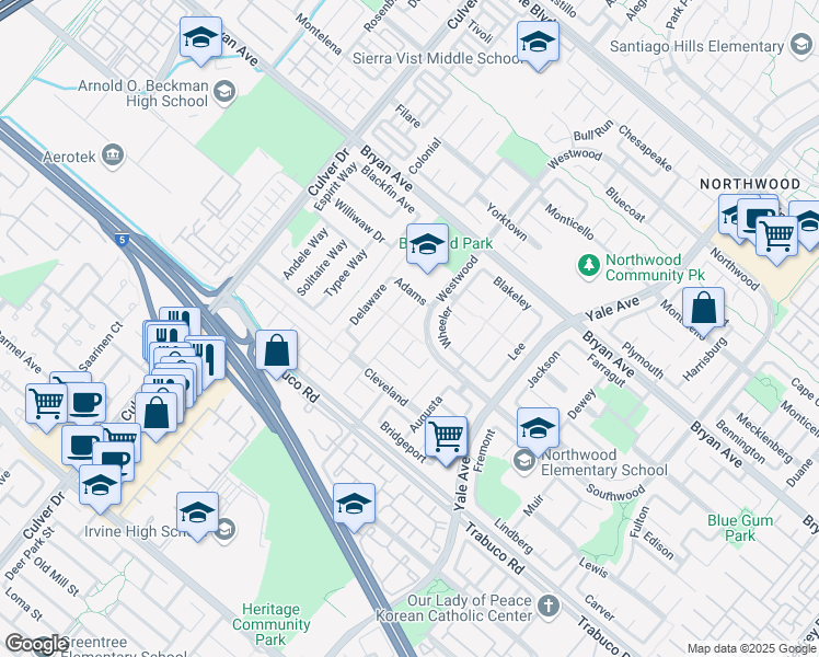 map of restaurants, bars, coffee shops, grocery stores, and more near 15 Shelby in Irvine