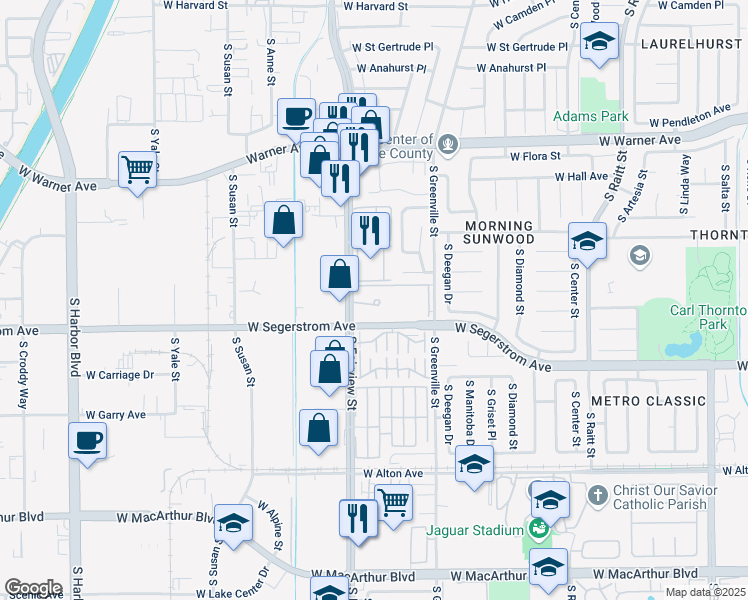 map of restaurants, bars, coffee shops, grocery stores, and more near 2853 South Fairview Street in Santa Ana