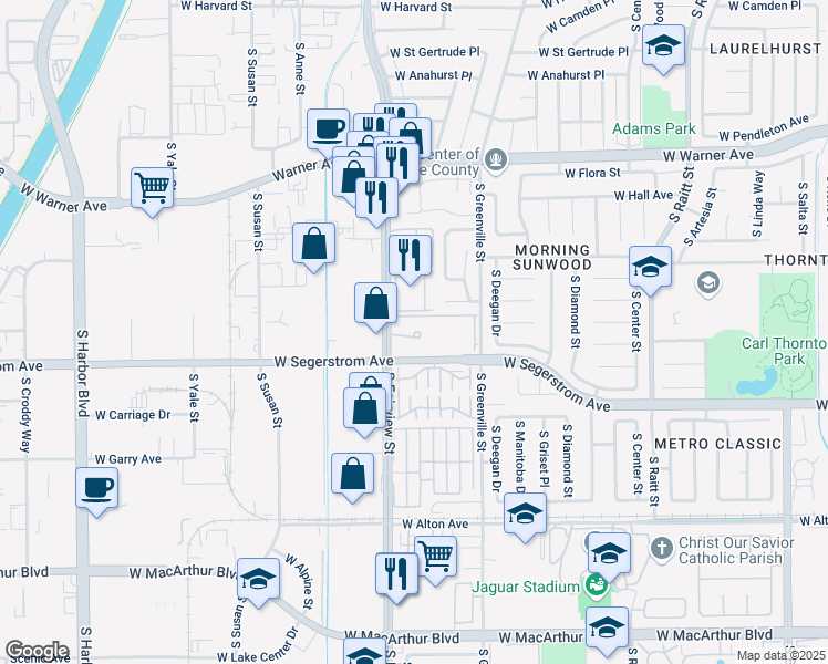 map of restaurants, bars, coffee shops, grocery stores, and more near 2851 South Fairview Street in Santa Ana