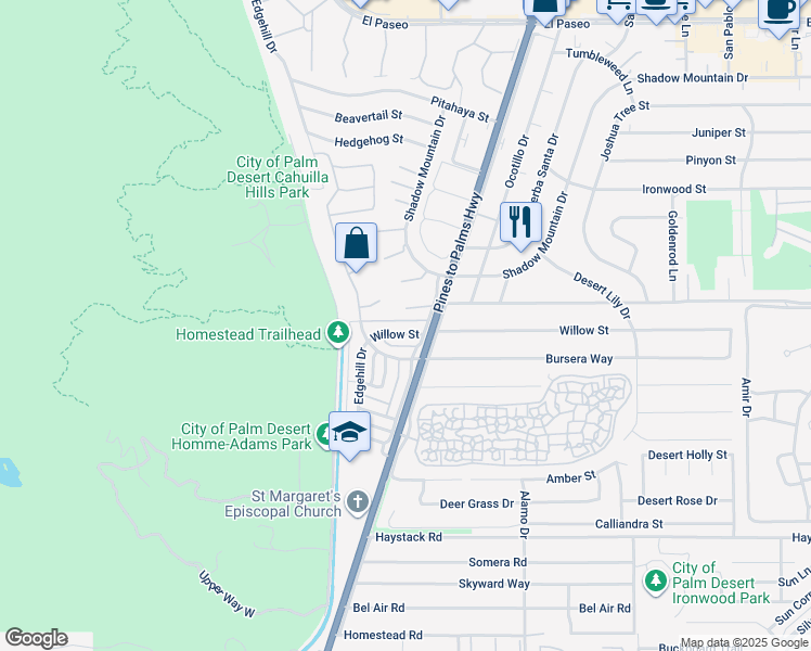 map of restaurants, bars, coffee shops, grocery stores, and more near 72763 Willow Street in Palm Desert