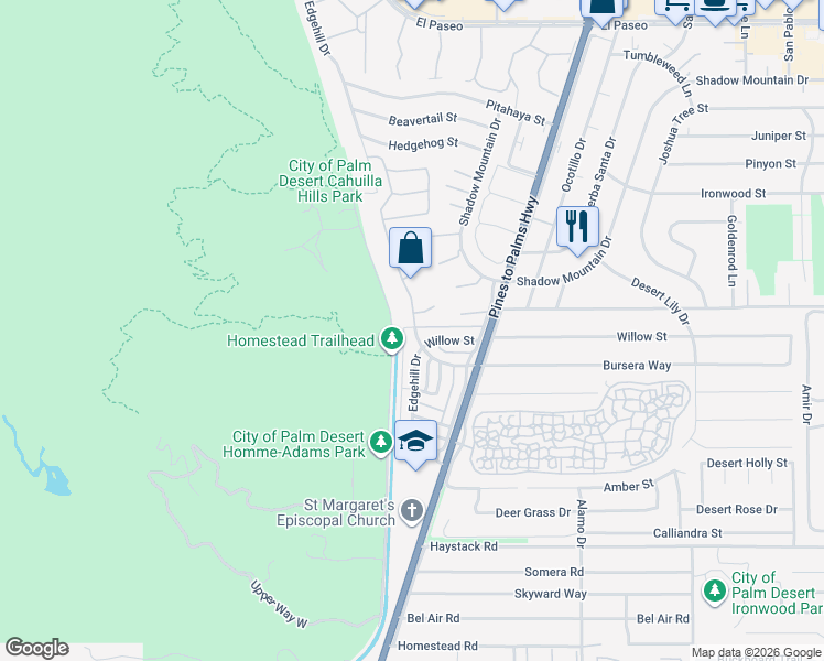 map of restaurants, bars, coffee shops, grocery stores, and more near 72601 Edgehill Drive in Palm Desert
