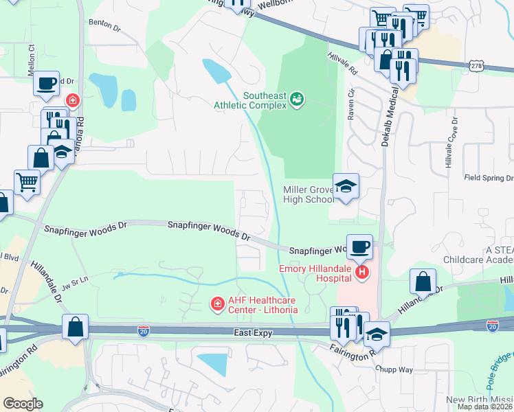 map of restaurants, bars, coffee shops, grocery stores, and more near 5795 Keystone Grove in Lithonia