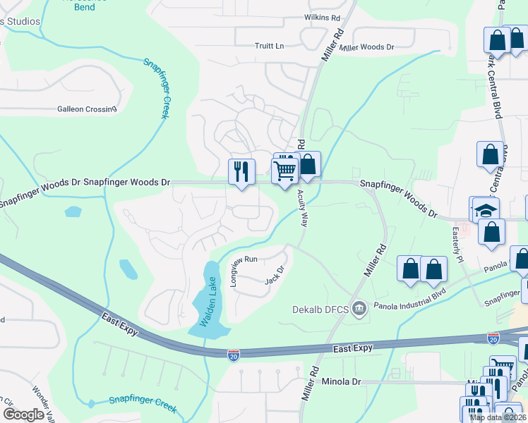 map of restaurants, bars, coffee shops, grocery stores, and more near 2668 Avanti Way in Decatur