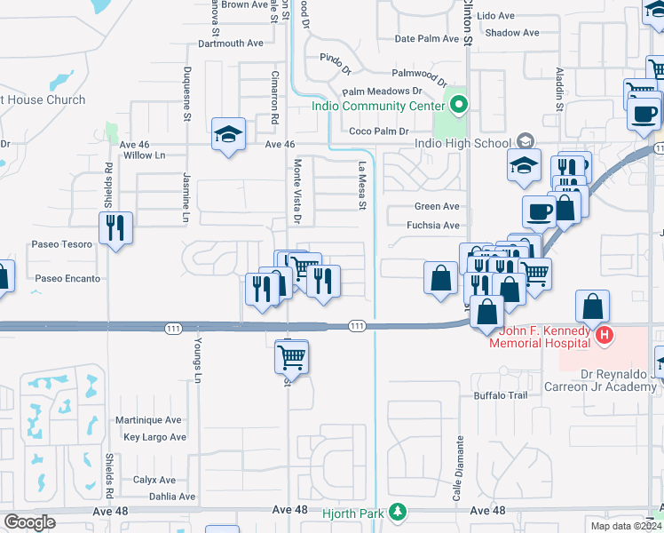 map of restaurants, bars, coffee shops, grocery stores, and more near 46618 Madison Street in Indio