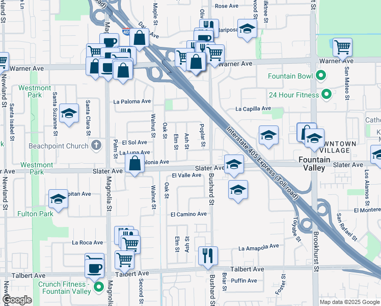 map of restaurants, bars, coffee shops, grocery stores, and more near 9415 La Colonia Avenue in Fountain Valley