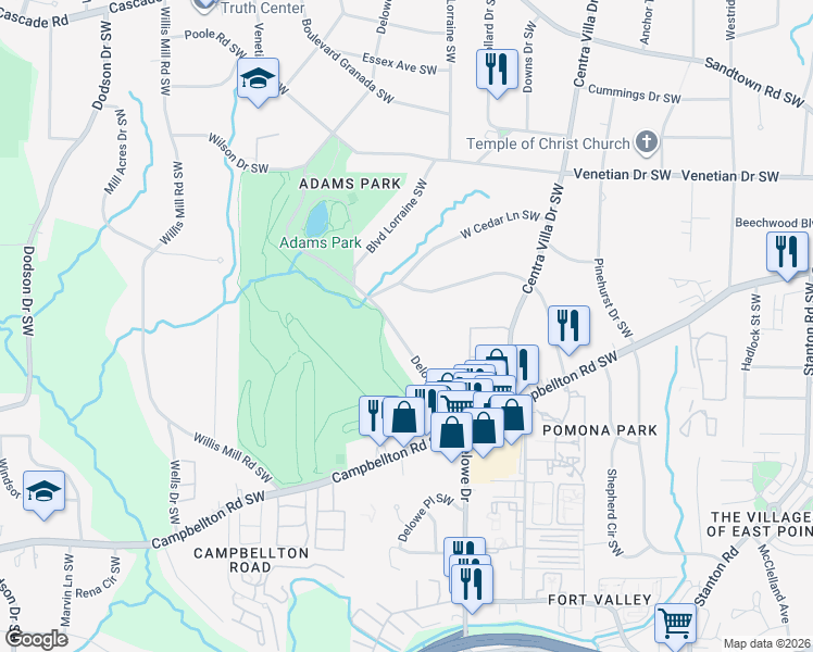 map of restaurants, bars, coffee shops, grocery stores, and more near 1672 Delowe Drive Southwest in Atlanta