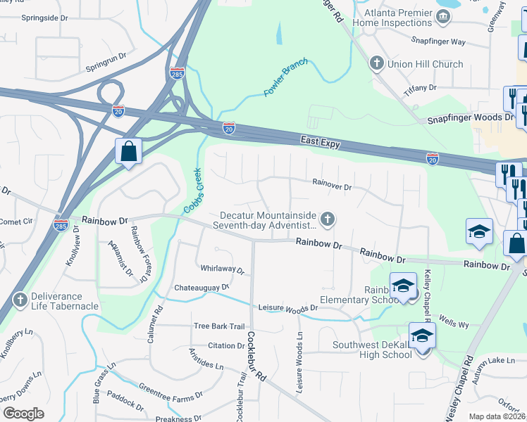 map of restaurants, bars, coffee shops, grocery stores, and more near 2643 Rainbow Creek Drive in Decatur