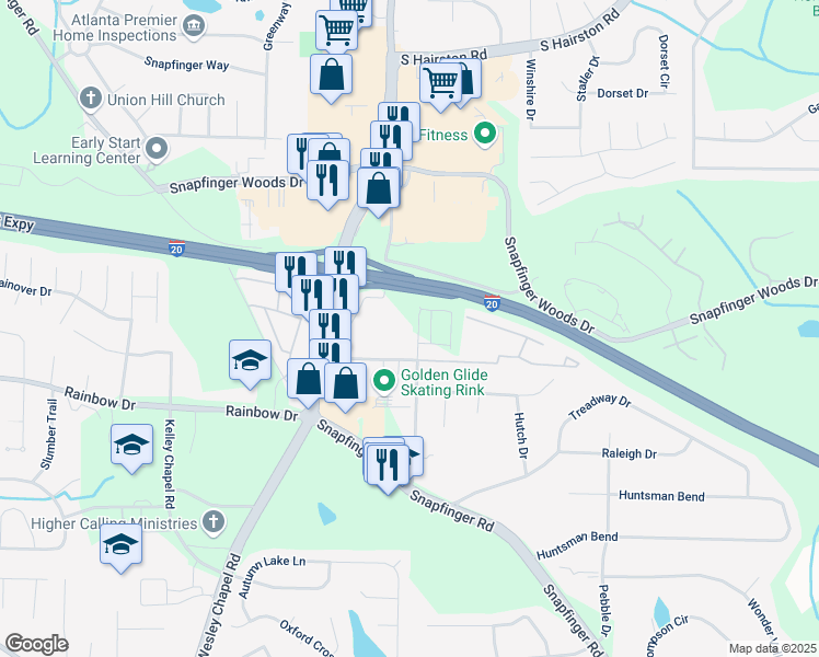 map of restaurants, bars, coffee shops, grocery stores, and more near 2629 Pleasant Wood Drive in Decatur