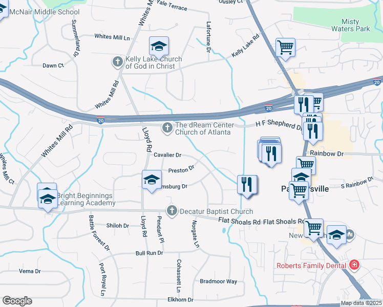 map of restaurants, bars, coffee shops, grocery stores, and more near 2631 Cavalier Drive in Decatur