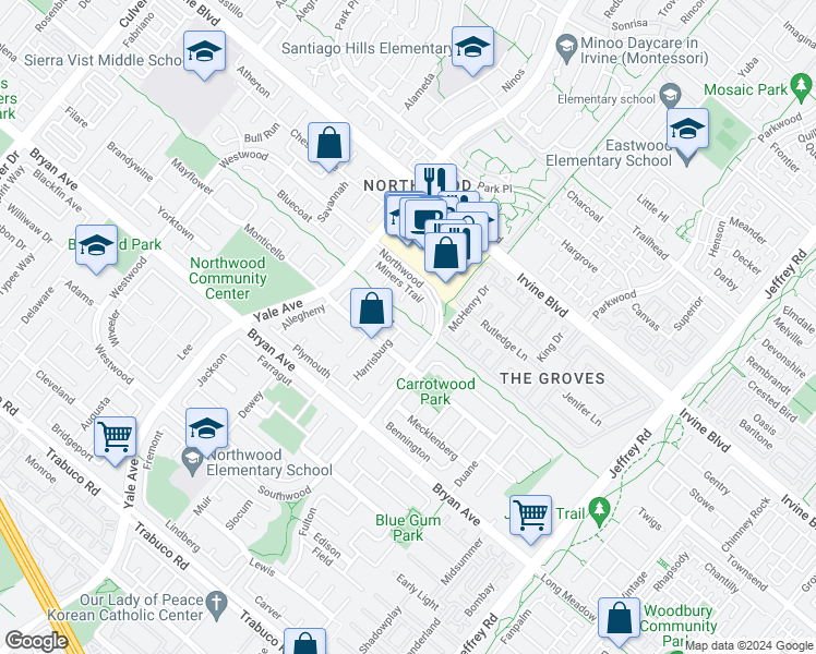 map of restaurants, bars, coffee shops, grocery stores, and more near 35 Westport in Irvine