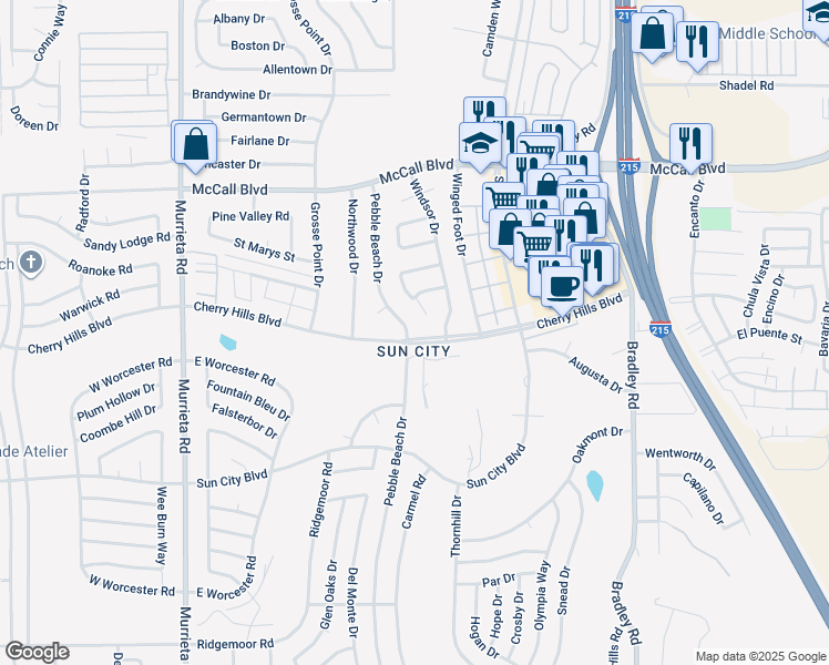 map of restaurants, bars, coffee shops, grocery stores, and more near 28296 Pebble Beach Drive in Menifee