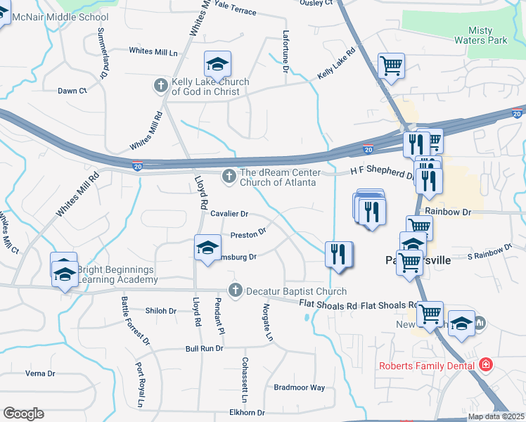 map of restaurants, bars, coffee shops, grocery stores, and more near 2648 Cavalier Drive in Decatur