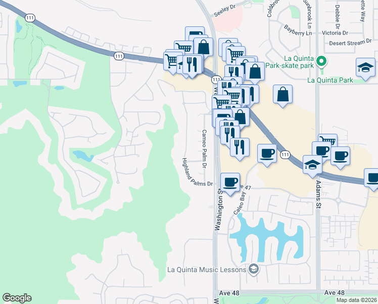 map of restaurants, bars, coffee shops, grocery stores, and more near 78390 Crest View Terrace in La Quinta