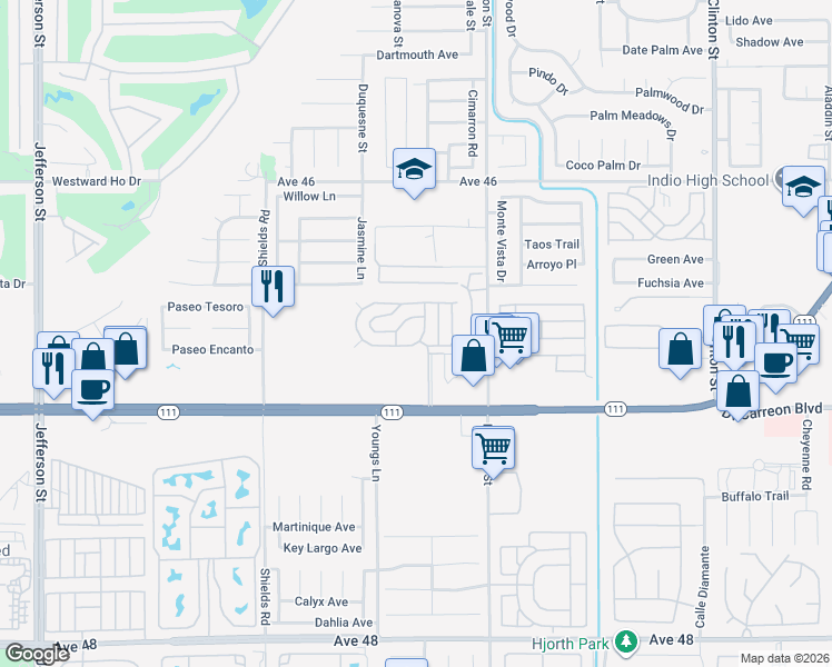 map of restaurants, bars, coffee shops, grocery stores, and more near 80870 California 111 in Indio